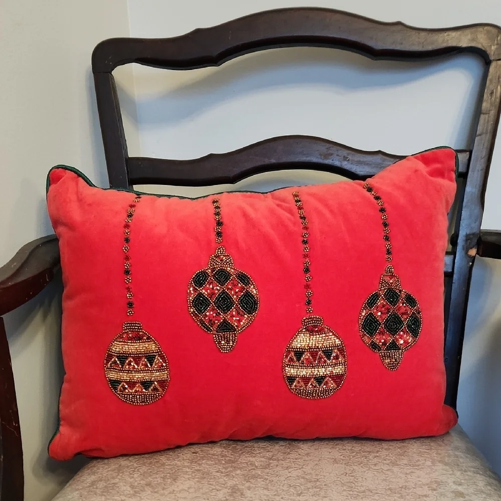Festive Holiday Red Velvet Beaded Ornament Pillow